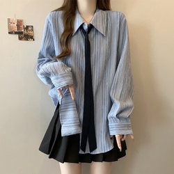 Textured Striped Loose Casual Tie Single-Breasted Shirt Top for Women, Spring and Autumn, Plus Size, Design-Focused Blouse for Curvy Women