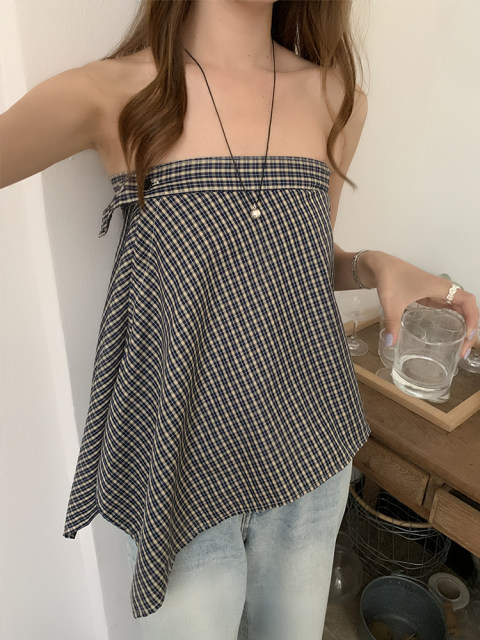 Side cm Korean retro plaid hem skirt curtain for women in spring and summer irregular buttons layered with plaid ass curtain skirt