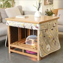 Winter Fire Pit Table, Foldable Rectangular Solid Wood Fire Pit Stand, Multifunctional Simple Electric Heating Table and Dining Table