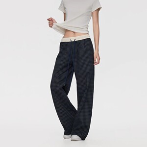 
American retro navy blue plaid drapey lazy wide-leg casual pants ins trendy high-end niche sports trousers
