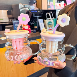 Glass Cup for Women 2025 New Model, High-Looking Office Cup with Handle and Straw, Large Capacity, High Temperature Resistant Tea Cup