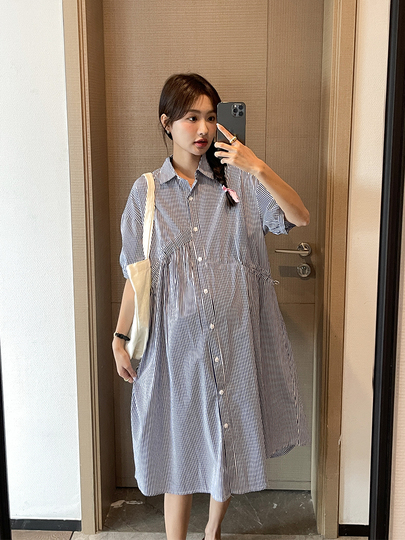Nuochu Favorite Cotton Striped Shirt Skirt Maternity Dress - Summer Korean Style Nuochu Favorite Cotton Striped Shirt Skirt Maternity Dress - Summer Korean Style