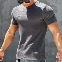 Summer Sports Fitness Short-Sleeved Men's Textured Cuff Quick-Drying T-Shirt Muscle Elastic Slim-Fit Crew Neck Top