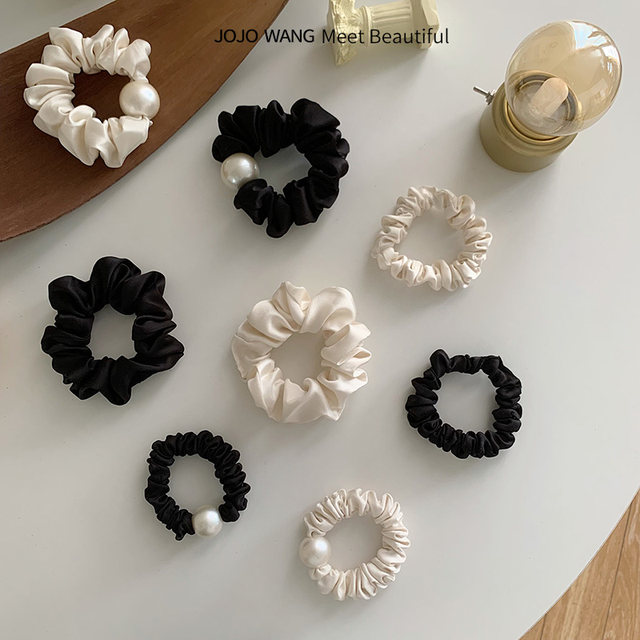 Milk coconut gray! Pearl satin large intestine circle French headband high-end hair loop female Korean hair rope hair accessories ins