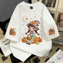 Parent-Child Matching Outfits: Girls' Pure Cotton Short-Sleeve T-Shirt, 2026 Summer New Style, Cartoon Girl Faux Embroidery, Clothing for Older Children ins