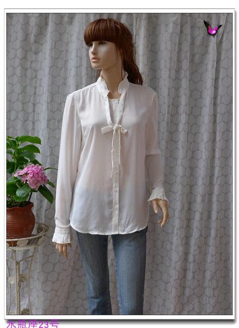 Spring and summer black and white stand collar tie ribbon straight commuter women long sleeve chiffon shirt thin shirt flared sleeves