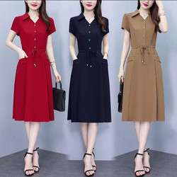 2026 Summer New Fashion Ice Silk Dress, Elegant and Slimming, Mid-Length, Waist-Cinching, Middle-Aged Mother's Dress