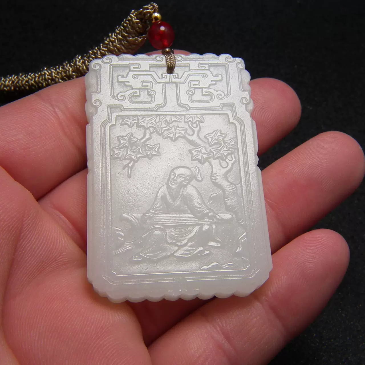 中国古美術品　清の時代　和田白玉 砡　童子如意　蘇工　53g 0118清代和田青白玉双面工执灵芝童子蝙蝠福寿如意小玉牌