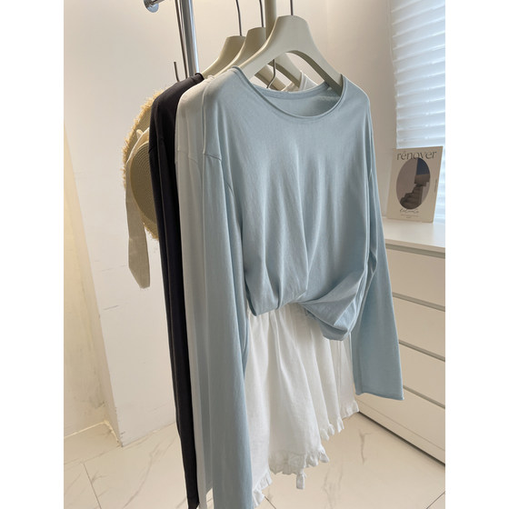 
White and milky blue ~ roll-neck long-sleeved sun protection clothing for women! Summer lazy, loose, slimming, round-neck and light air-conditioning shirt