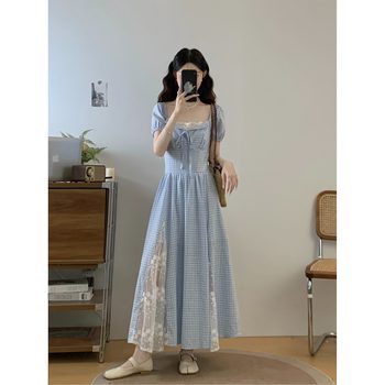 
Fat mm Korean style sweet lace splicing dress women's summer new pear-shaped waist waist temperament drape long skirt
