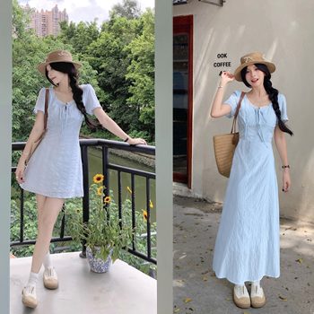 
Fat mm pure desire lace splicing beautiful dress female summer new style temperament waist slimming huge good-looking A-line skirt