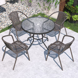 Outdoor Tables and Chairs, Courtyard Leisure with Umbrella Combination, Open-Air Iron Art, Outdoor Balcony Rattan Chair Three-Piece Set, Waterproof and Sunproof