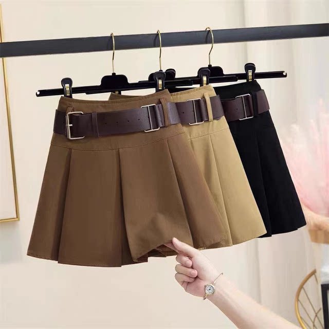 Maillard skirt for women's autumn new American miniskirt with leather belt Hong Kong style retro brown pleated skirt
