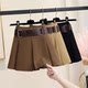 Maillard skirt for women's autumn new American miniskirt with leather belt Hong Kong style retro brown pleated skirt