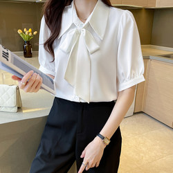 Bow Tie Shirt Women's Short-Sleeved Summer New Professional White Shirt Interview Commuting Loose Puff Sleeve Top for Women