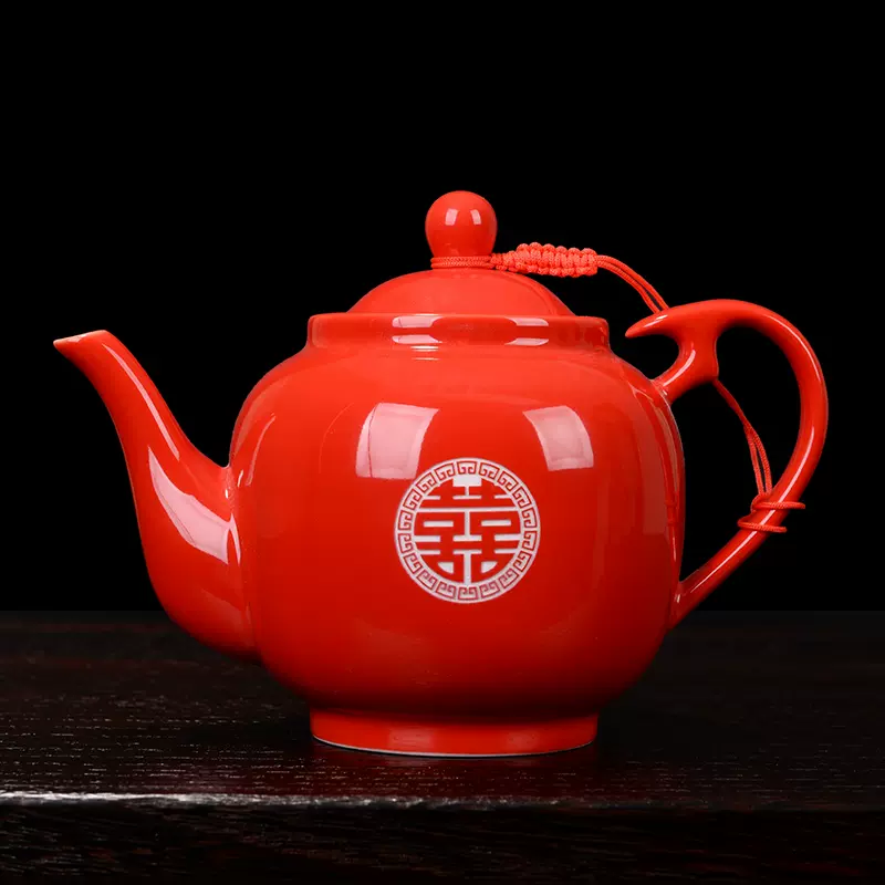 茶壺紅色純色茶壺功夫茶具茶道配件中國紅金龍茶具套組喜慶茶壺-Taobao