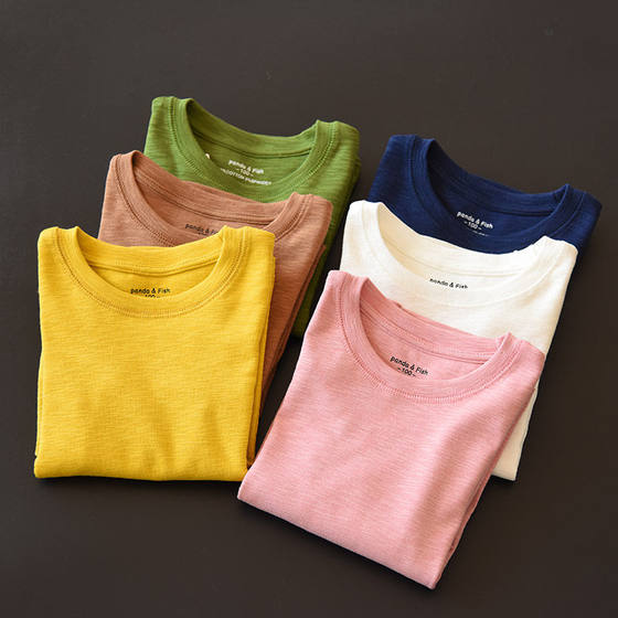 
Special children's bamboo cotton long-sleeved T-shirt, medium and large children, boys and girls pure cotton bottoming shirt, solid color top