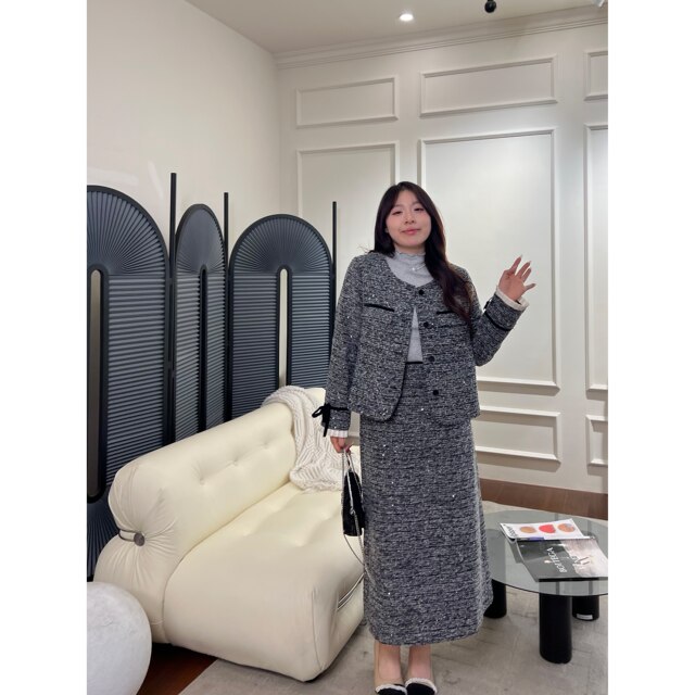 Meat roll family small fat big size women's wool chaebol Qianjin Xiaoxiang style high-end fat mm jacket skirt suit
