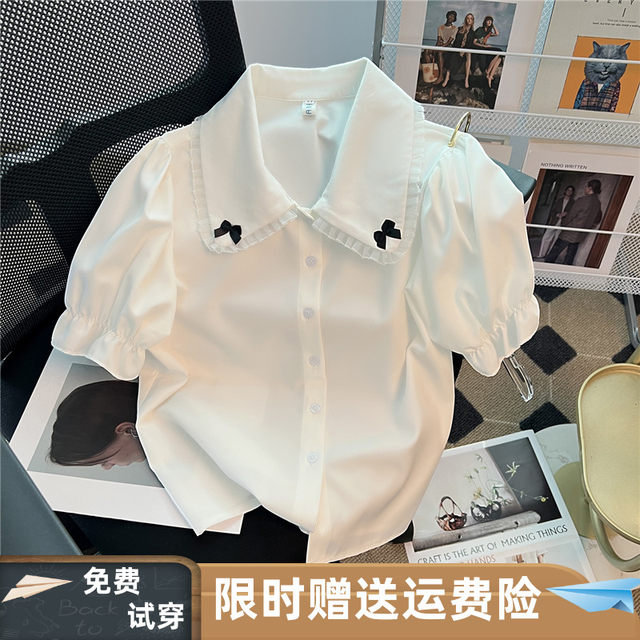 White shirt women's design niche sweet cute doll collar shirt short-sleeved chiffon top 2024 summer new style