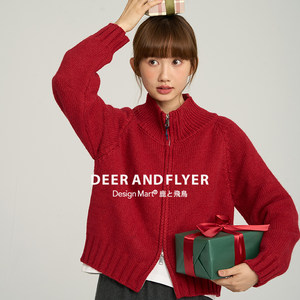 Deer and Flying Bird New Year Red Pullover Knitted Long Sleeve Double Zipper Cardigan Sweater 6412
