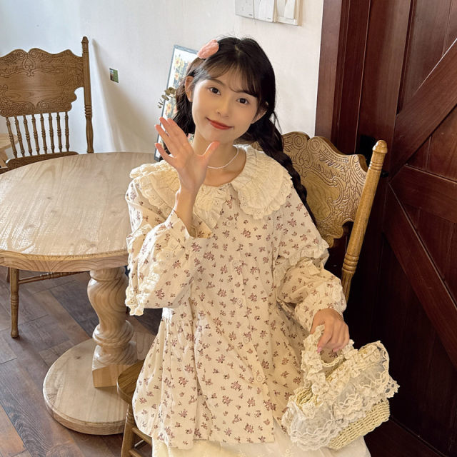 Gentle purple pink floral cotton linen shirt sweet lace lace doll collar lantern sleeve doll shirt age-reducing top