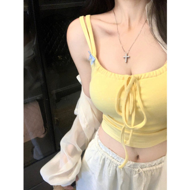 Hot girl pure pumping rope hollow suspender vest female bow, summer shoulder strap chest cushion, slim bottom top
