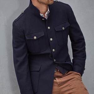 Autumn and winter new men's business repair short coat retro multi -pocket stand -up neck chapter wool woolen jacket jacket
