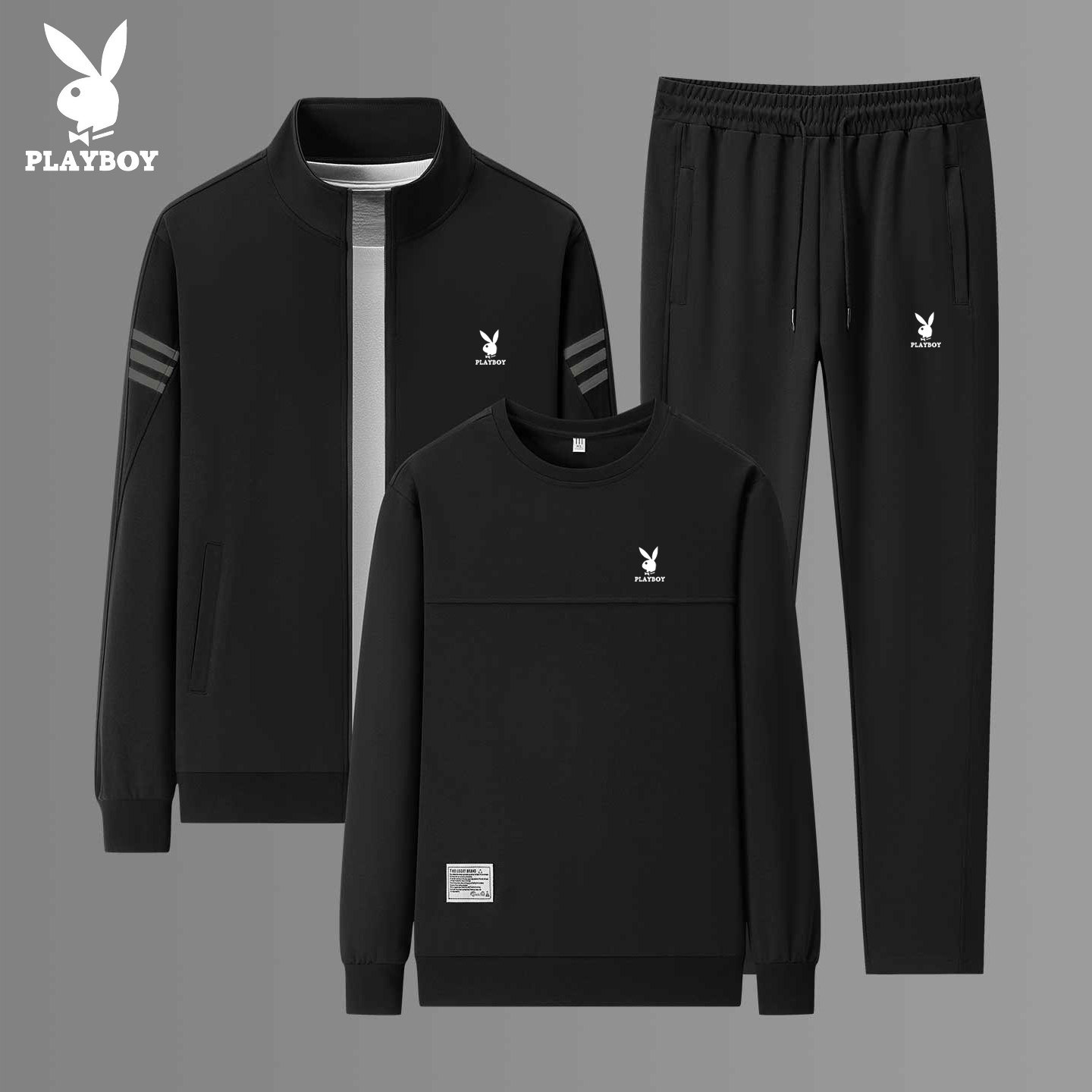 Спортивный костюм Playboy — мужской весенне-осенний сезон 2026, толстовка с воротником-стойкой и бархатными утолщенными трусами-боксерами