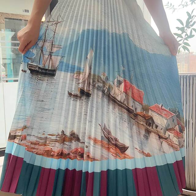 Autumn Korean version commuting pleated high waist slim A-line skirt versatile retro smudge printed chiffon mid-length skirt