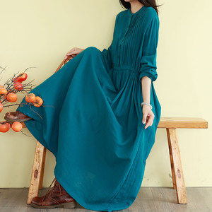 
Retro literary gauze cotton dress women's spring lace-up slim skirt long large hem knee-high temperament shirt skirt