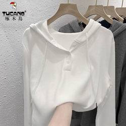 Woodpecker Pure Cotton White Hooded Sweatshirt for Women, Spring and Autumn 2026 New Long-Sleeved Casual Simple Sports Top Trendy