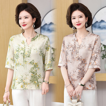 
Mom's summer fashionable Chinese style half-sleeved T-shirt middle-aged and elderly
