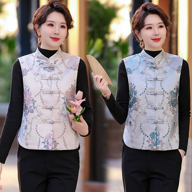 
Middle-aged mother's spring and autumn clothing, Chinese style retro vest short jacket, stand collar, women's jacquard, vest vest top