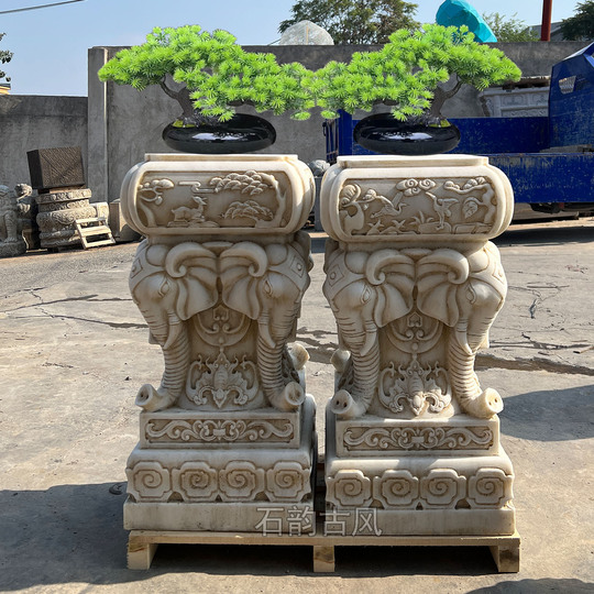 白い大理石の柱、石の台座、花台 - 中国風ガーデンオーナメント
