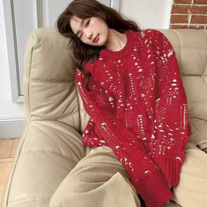 
Cotton Fair Isle niche hollow jacquard round neck loose sweater autumn and winter double layer new sweater pullover jacket