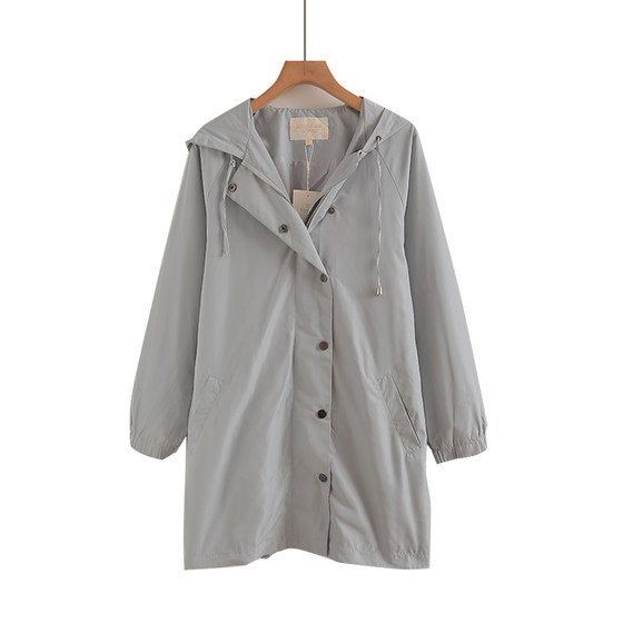 
Mid-length windbreaker hooded coat extra large size women's loose Korean style coat coat fat mm with button work clothes