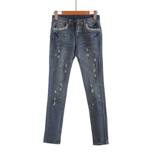 
Lace-edged pocket spring and autumn Korean new style jeans women's trousers, small feet, pencil pants, slimming, ripped pants with diamonds