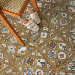 French Retro Floral Tiles with Wood Grain Pattern, Non-Slip Floor Tiles for Living Room, Cafe, Balcony, and Entrance