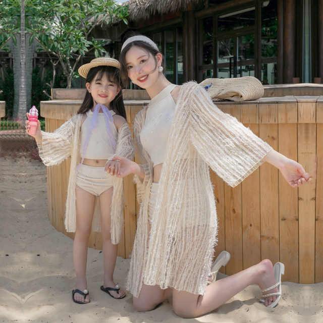 Hot spring parent-child swimsuit mother-daughter split bikini three-piece set long-sleeved sun protection cute children and girls swimwear