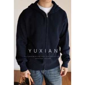 YUXIAN American heavyweight retro zipper knitted jacket hooded anti-pilling sweater long-sleeved cardigan for men autumn and winter
