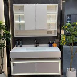 Cream-Colored Slate Seamless Ceramic Washbasin Bathroom Cabinet Set Hotel Restroom Vanity Sink Wooden Elegance