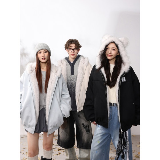 
MANYSTON American large fur collar hooded cotton coat men's winter trendy brand youth thickened warm cotton coat