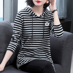 Pure Cotton Sweatshirt for Women 2023 Spring and Autumn New Striped Long-Sleeve T-Shirt Plus Size Mid-Length Hooded Top Base Shirt