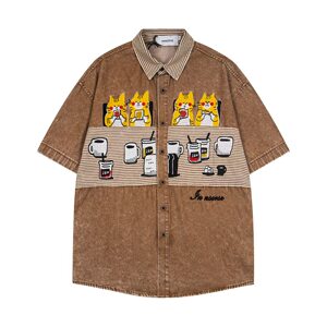 
chaonimei washed fun cartoon embroidered denim short-sleeved shirts for men and women design couple color matching shirts