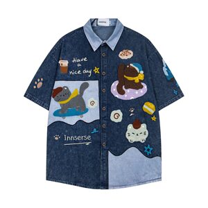 
chaonimei fun cartoon embroidery color-blocking denim short-sleeved shirts for men and women summer loose bf shirts for couples