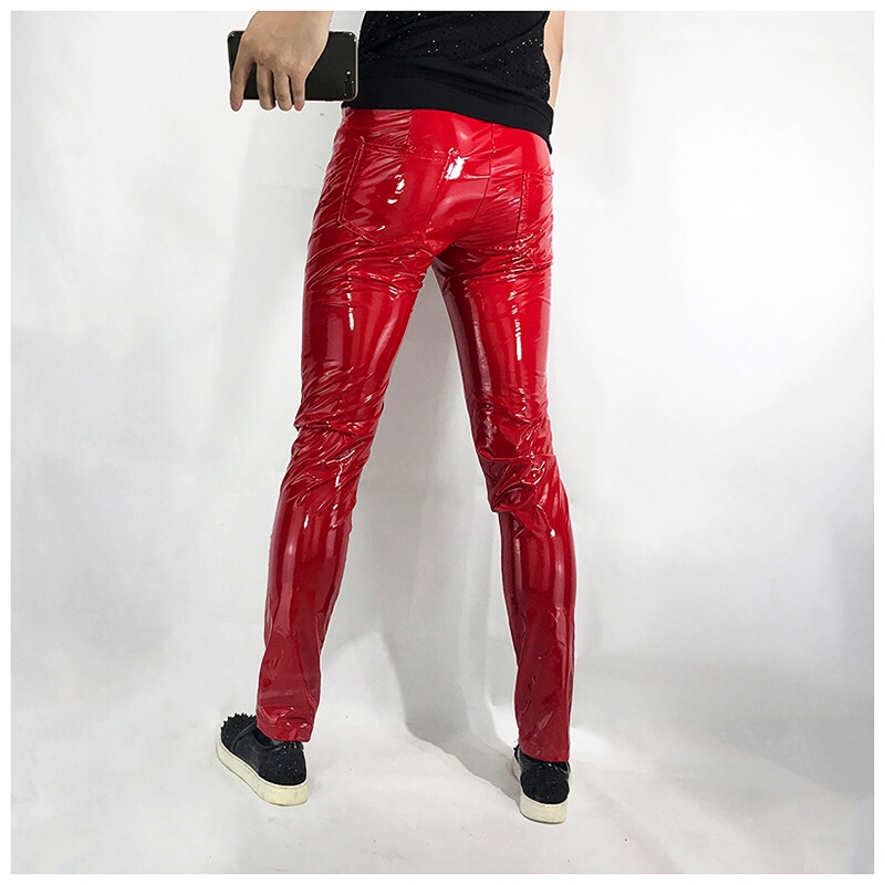 Red PU Leather Pants - Shiny Skinny Trousers for Dance