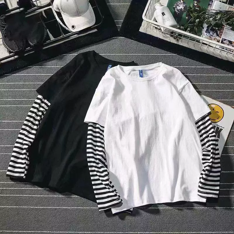 Fake two-piece striped long sleeve t-shirt 假两件拼色条纹T恤-Taobao