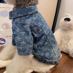 Pet Autumn and Winter Denim Shirt Jacket with All-Over Print, Pure Cotton Denim Schnauzer Dog and Kitten Denim Shirt Trendy