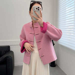 
New Chinese style pink double-sided wool coat women's short 2025 new national style disc button stand collar contrast wool coat