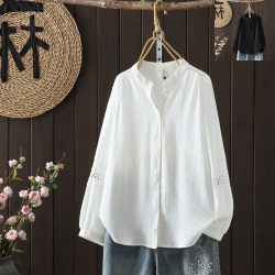 European Design V-Neck White Shirt for Women, Long-Sleeved, High-End, Light Luxury, Loose Casual Pure Cotton, Plus Size, Autumn